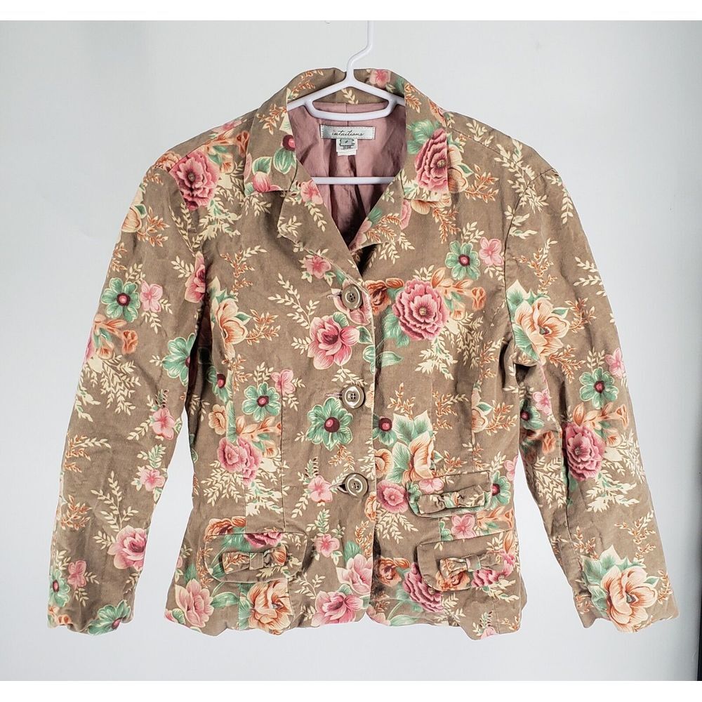 Intuitions Womens European Jacket Size 4 Floral Bow Pockets Collared Lined‎ Pink